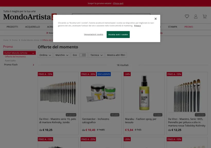 Schermata della pagina offerta di Mondo Artista