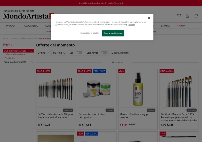 Schermata della pagina offerta di Mondo Artista