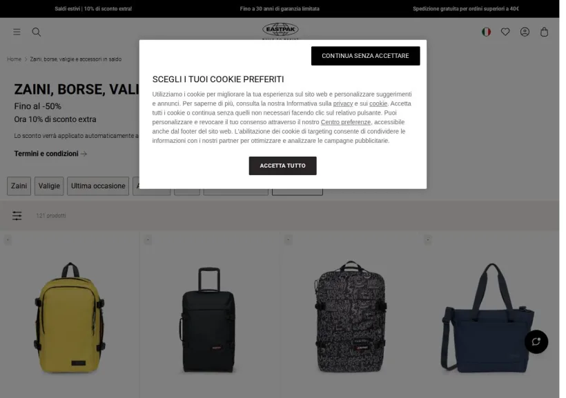 Schermata della pagina offerta di Eastpak