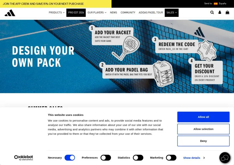 Schermata della pagina offerta di adidas Padel