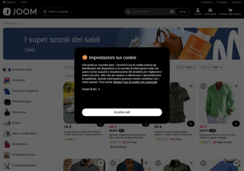 Schermata della pagina offerta di Joom