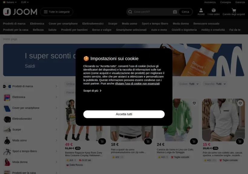 Schermata della pagina offerta di Joom