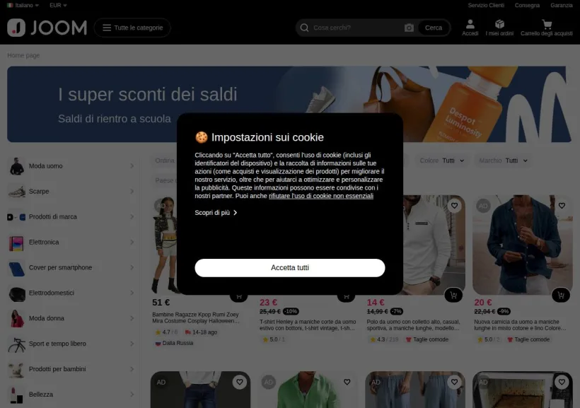 Schermata della pagina offerta di Joom