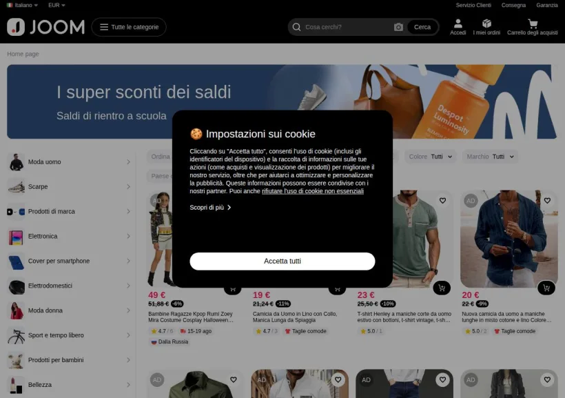 Schermata della pagina offerta di Joom