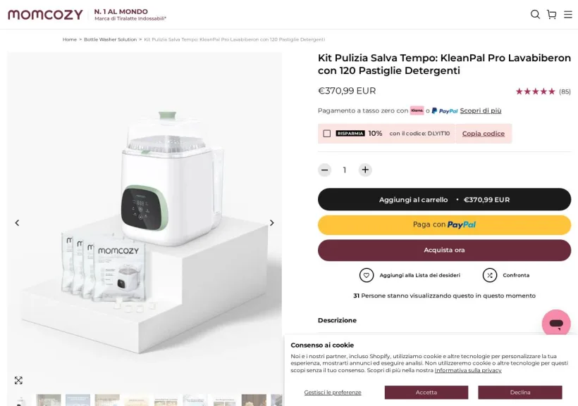 Schermata della pagina offerta di Momcozy