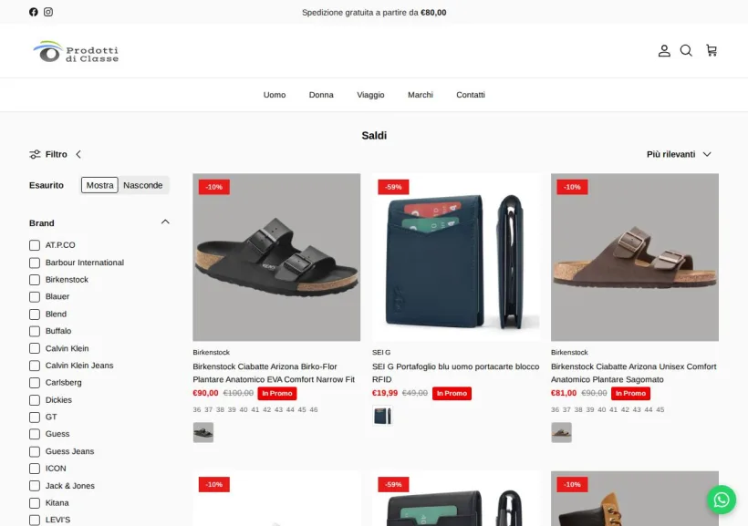 Schermata della pagina offerta di Prodotti di classe