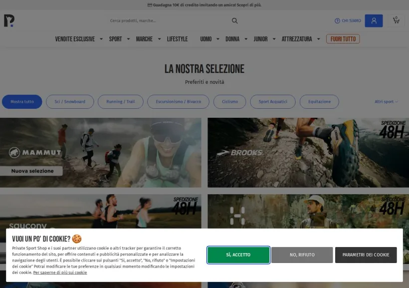 Schermata della pagina offerta di Private Sport Shop