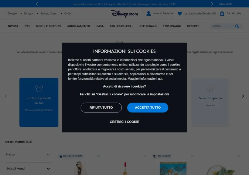Schermata della pagina offerta di Shop Disney