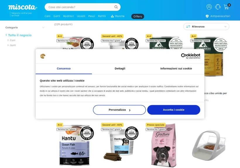 Schermata della pagina offerta di Miscota