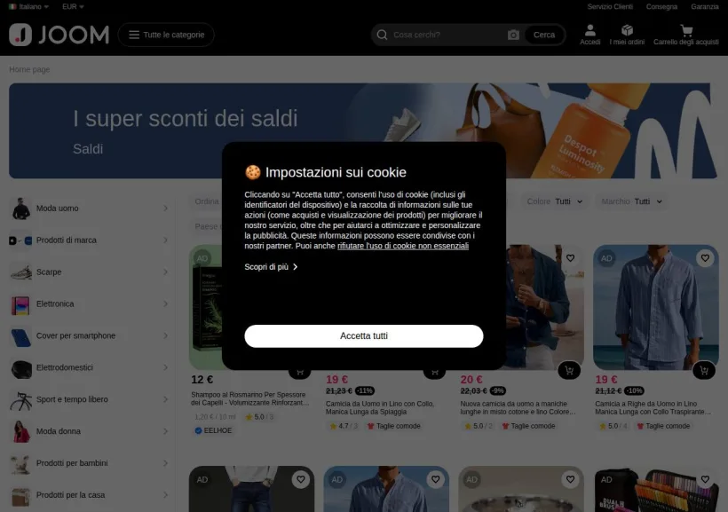 Schermata della pagina offerta di Joom