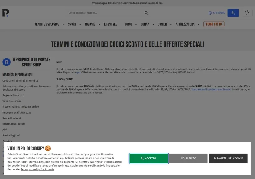 Schermata della pagina offerta di Private Sport Shop