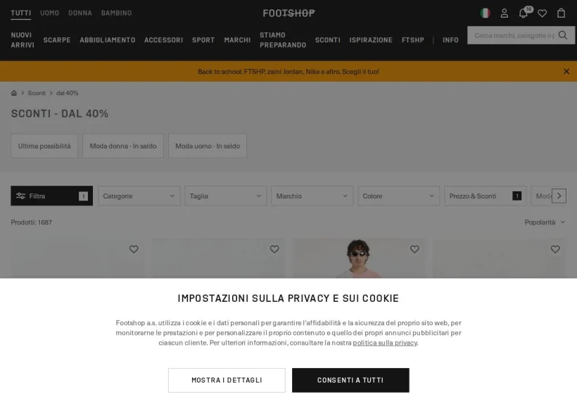 Schermata della pagina offerta di Footshop