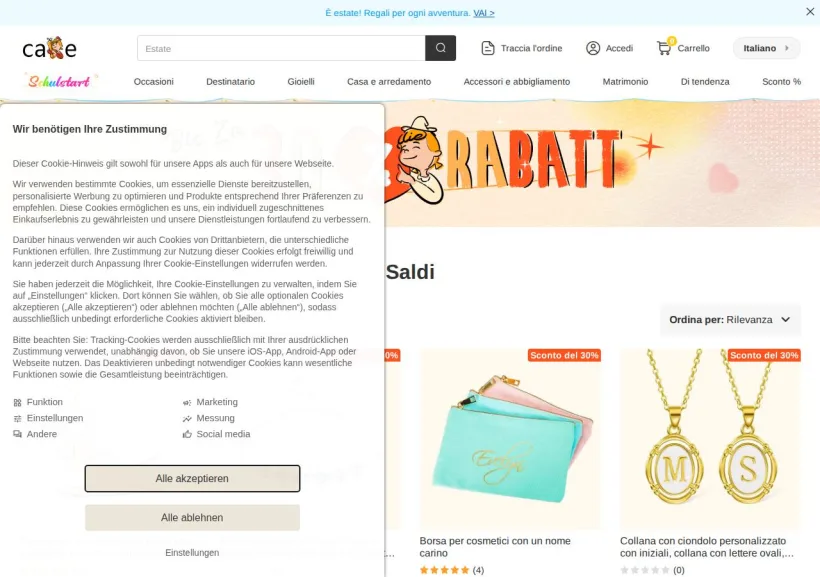 Schermata della pagina offerta di Callie
