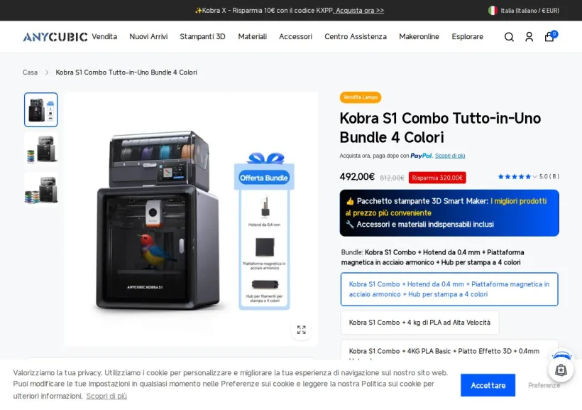 Schermata della pagina offerta di Anycubic