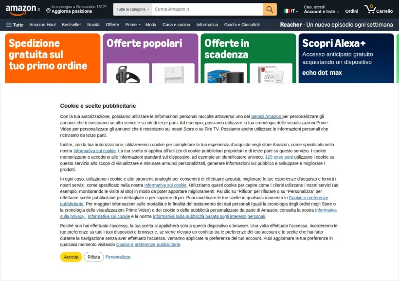 Schermata della pagina offerta di Amazon