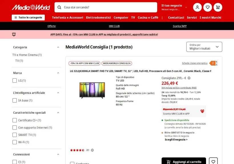 Schermata della pagina offerta di Mediaworld