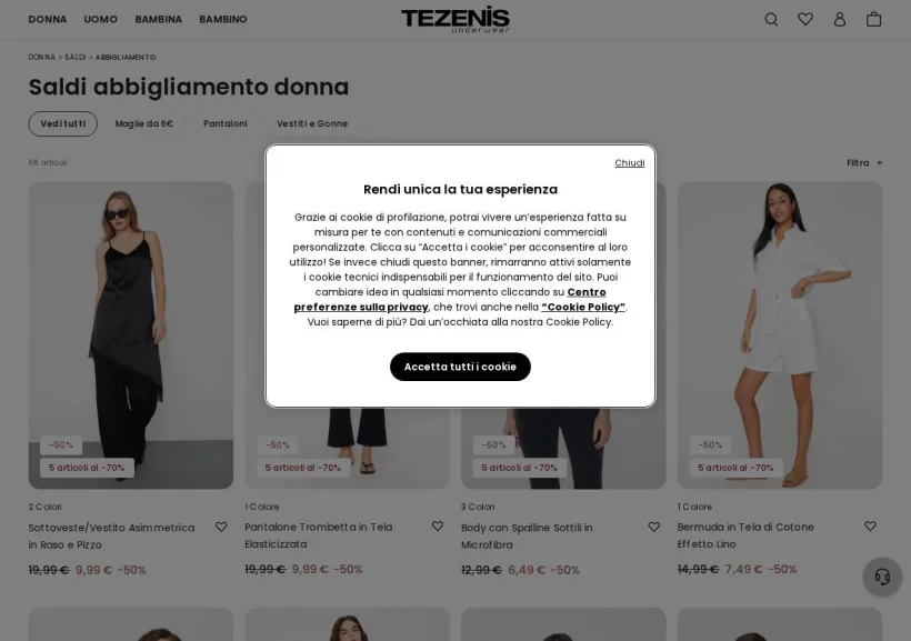 Schermata della pagina offerta di Tezenis