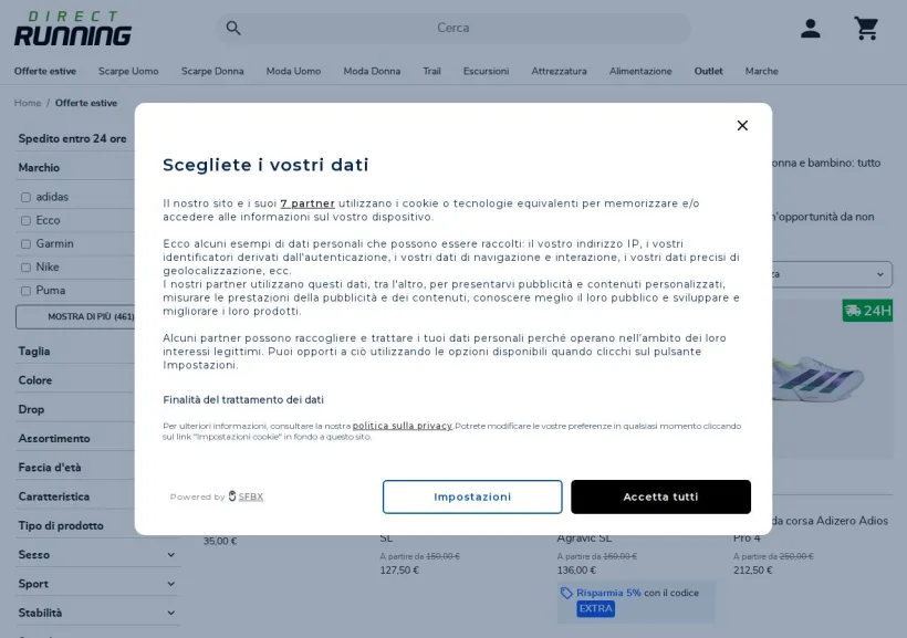 Schermata della pagina offerta di Direct-Running