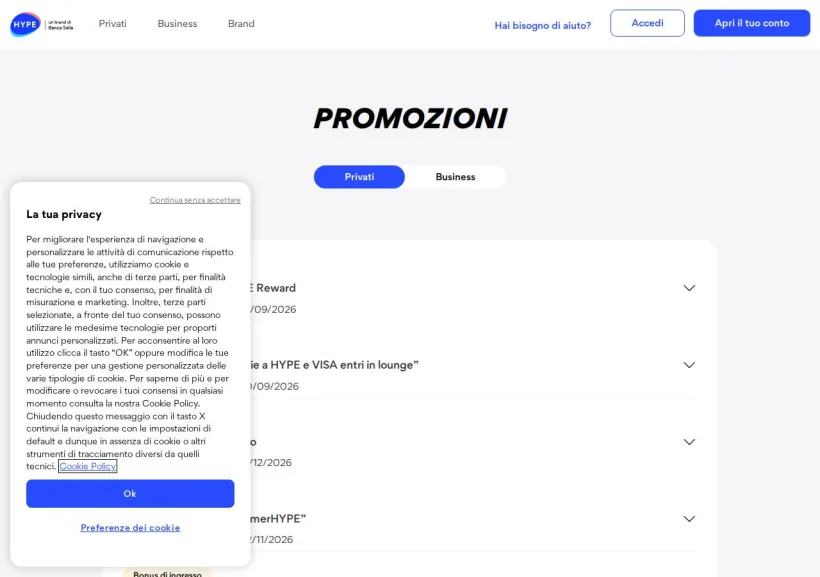 Schermata della pagina offerta di HYPE