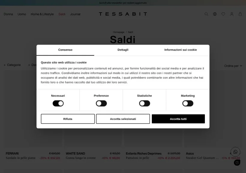 Schermata della pagina offerta di Tessabit