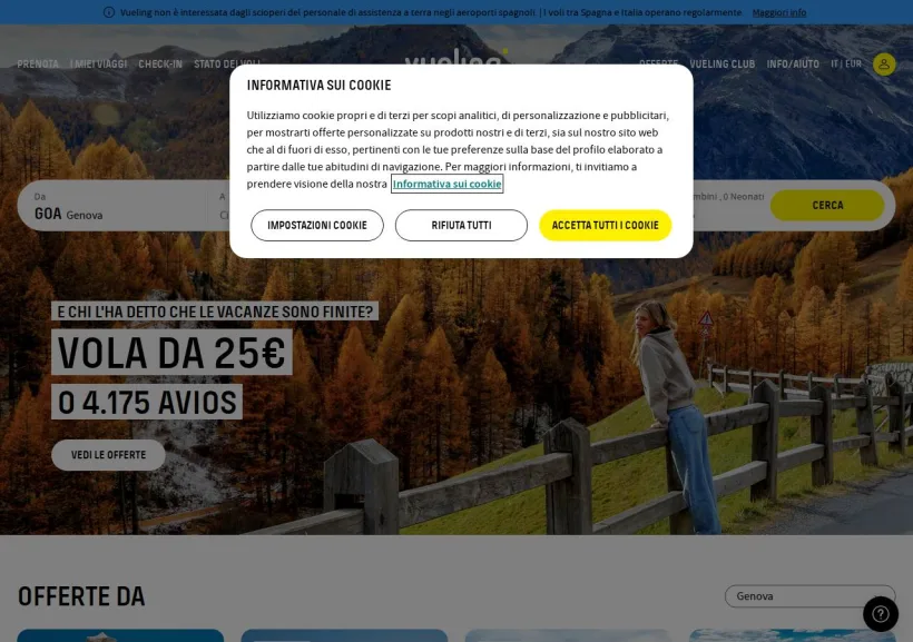 Schermata della pagina offerta di Vueling