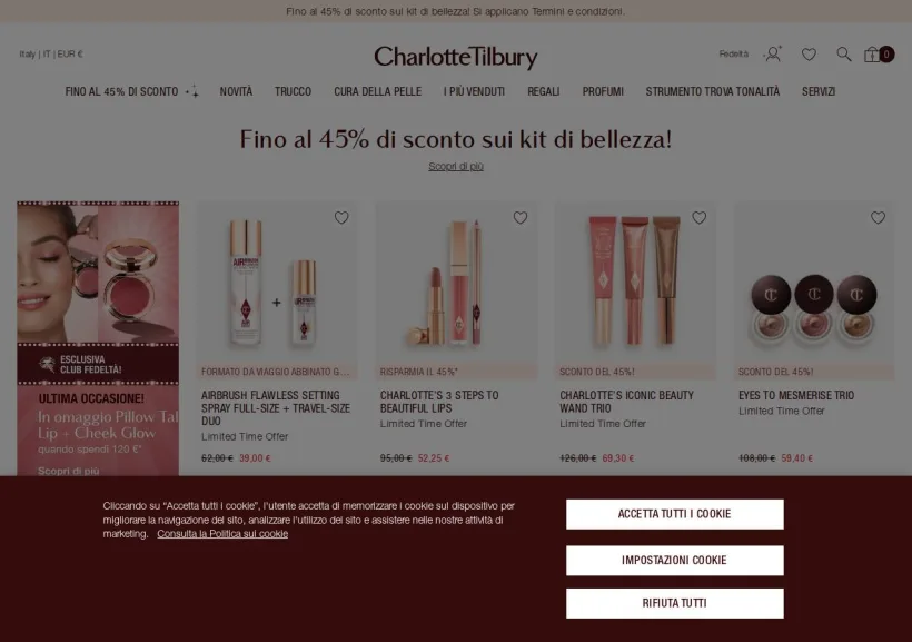 Schermata della pagina offerta di Charlotte Tilbury