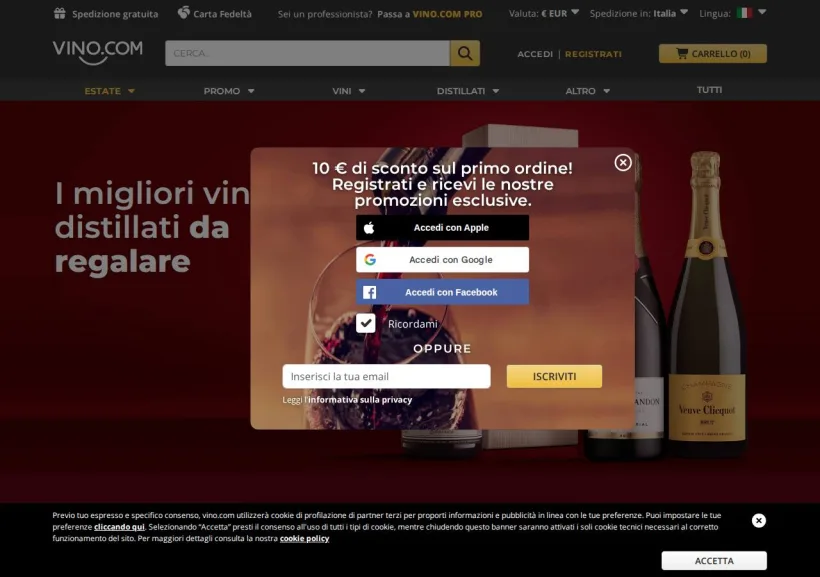 Schermata della pagina offerta di Vino.com