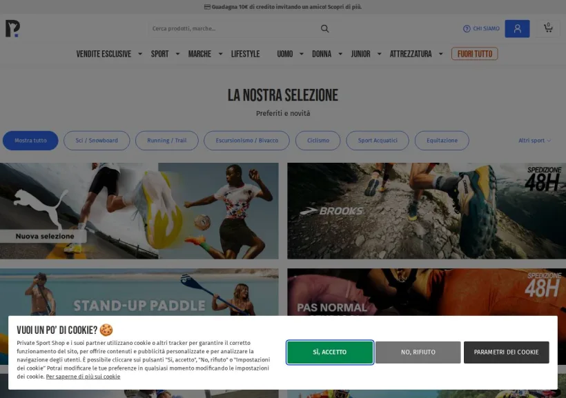 Schermata della pagina offerta di Private Sport Shop