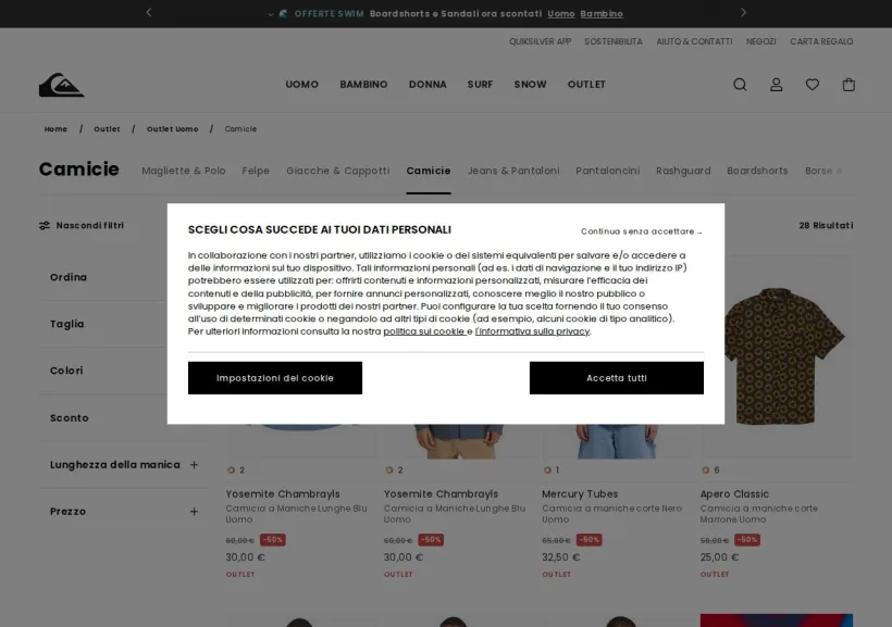 Schermata della pagina offerta di Quiksilver 