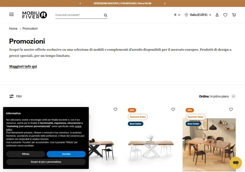 Schermata della pagina offerta di Mobili Fiver