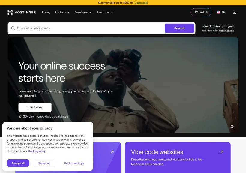 Schermata della pagina offerta di Hostinger