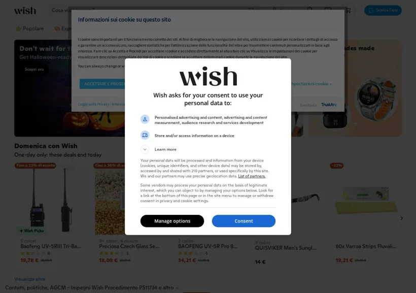 Schermata della pagina offerta di Wish