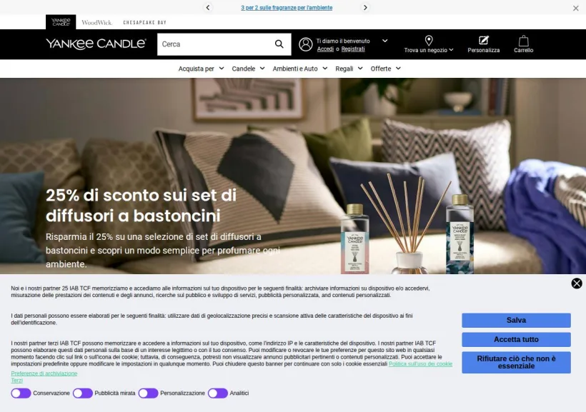 Schermata della pagina offerta di Yankee Candle