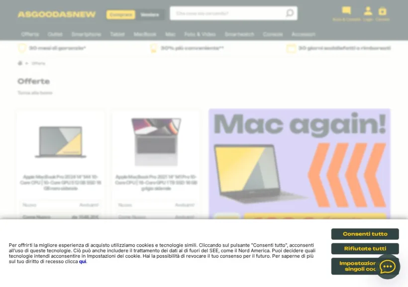 Schermata della pagina offerta di Asgoodasnew