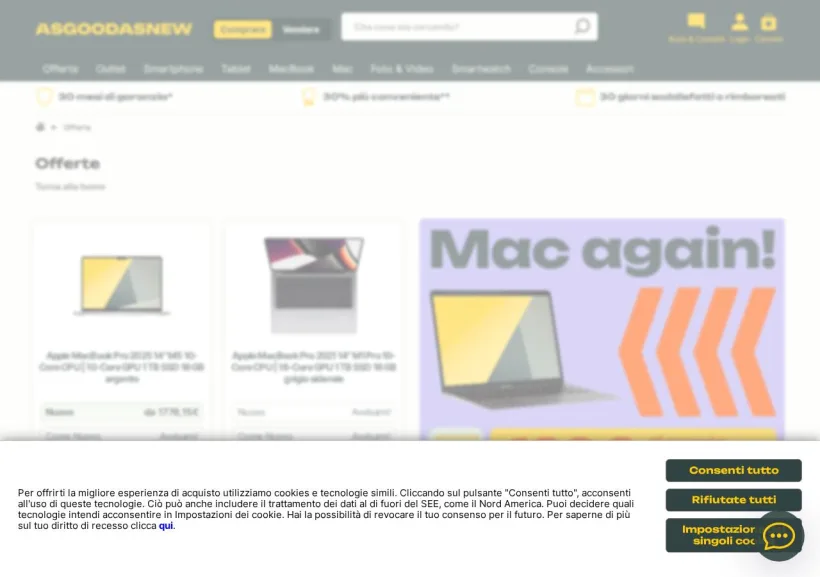 Schermata della pagina offerta di Asgoodasnew