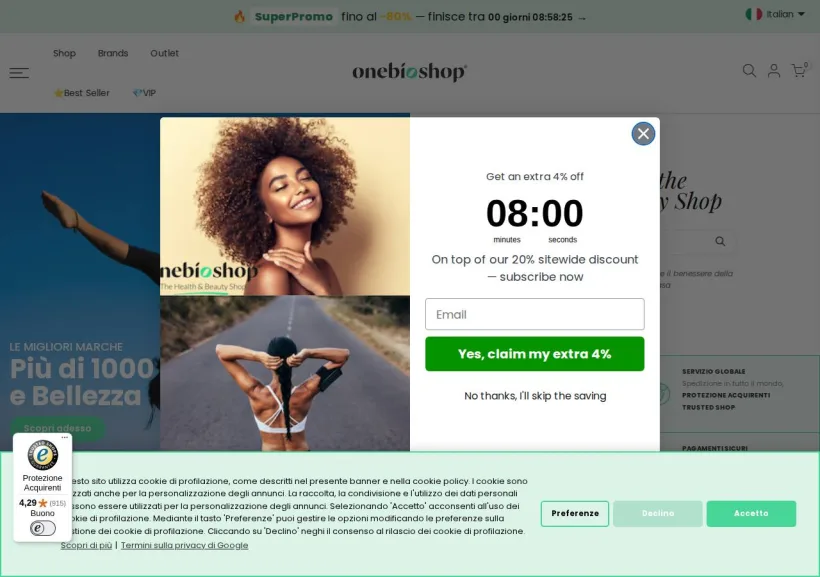 Schermata della pagina offerta di OneBioShop_International