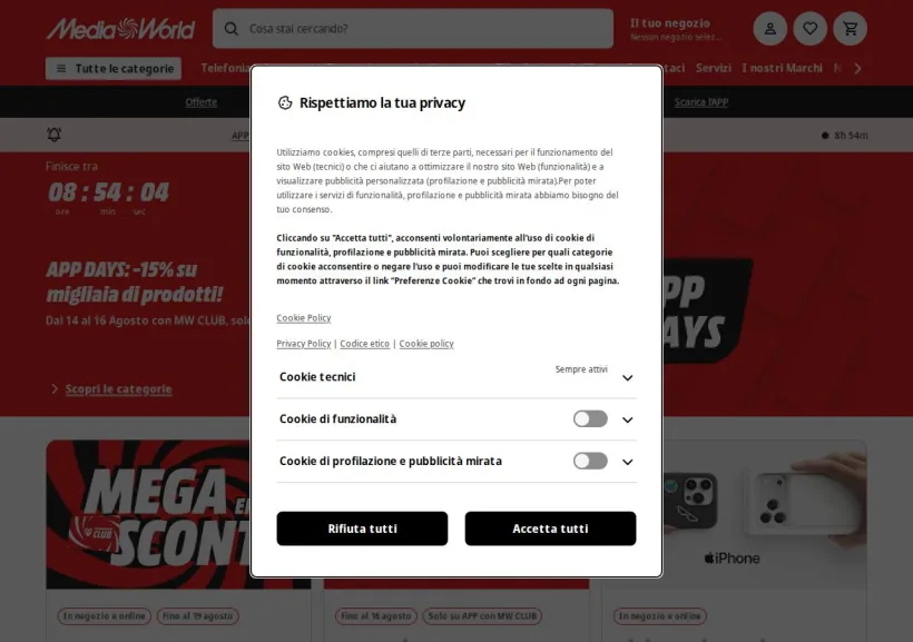 Schermata della pagina offerta di Mediaworld