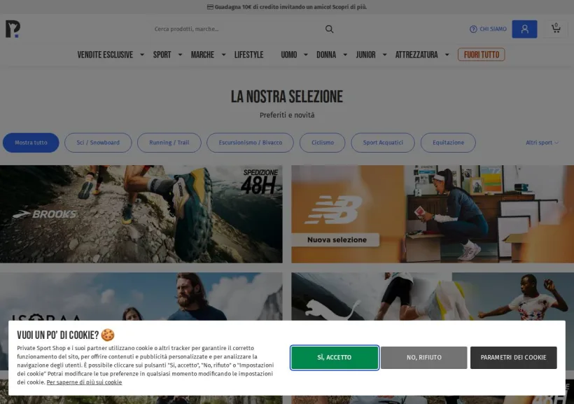 Schermata della pagina offerta di Private Sport Shop