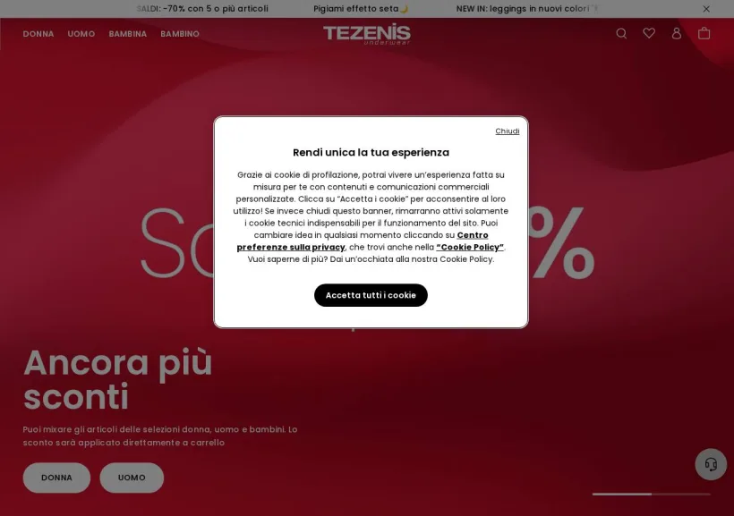 Schermata della pagina offerta di Tezenis