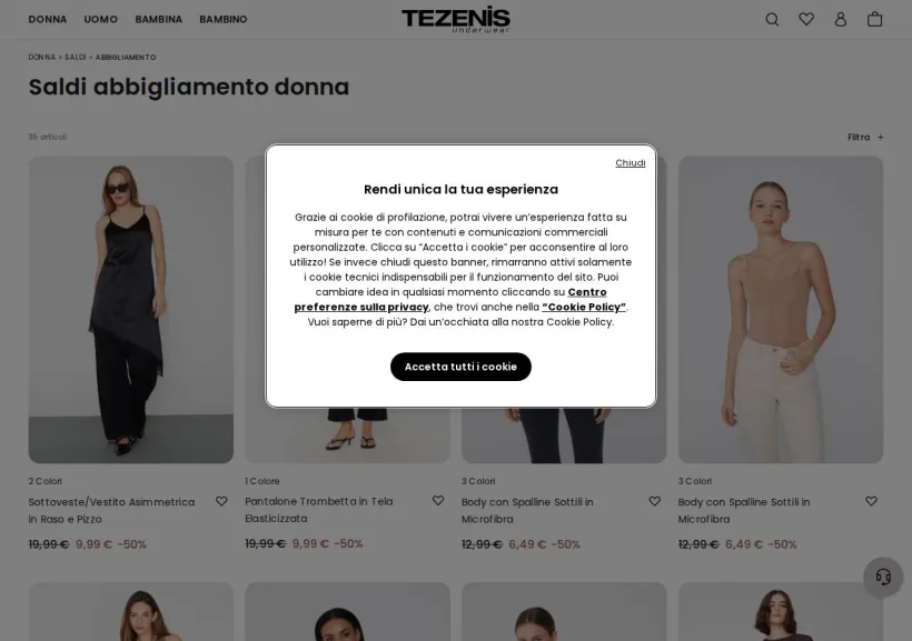 Schermata della pagina offerta di Tezenis