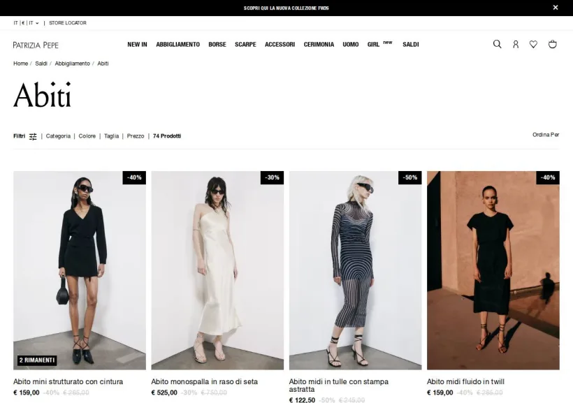 Schermata della pagina offerta di Patrizia Pepe