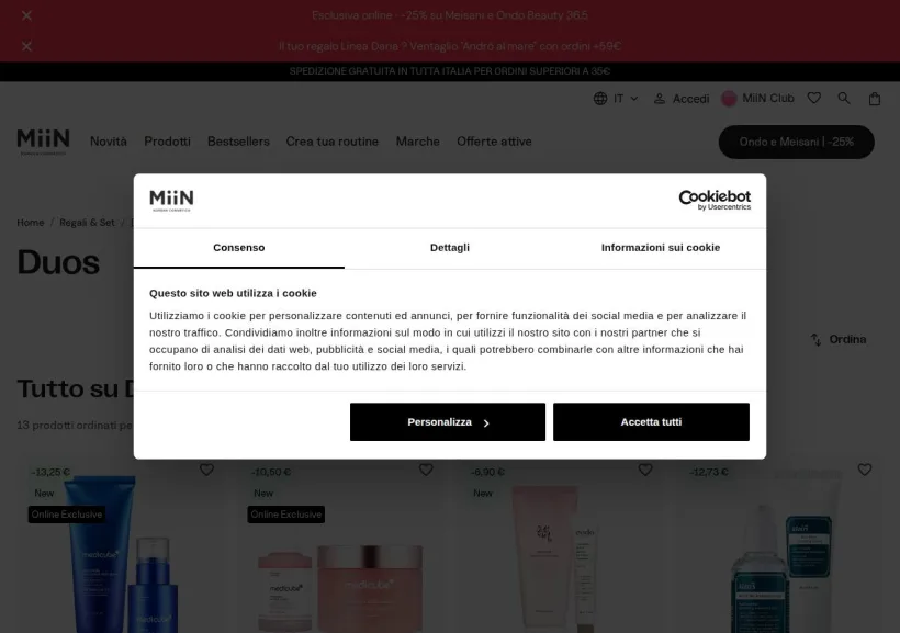 Schermata della pagina offerta di Miin Cosmetics