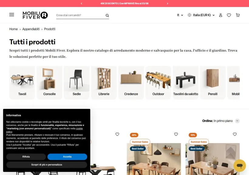 Schermata della pagina offerta di Mobili Fiver