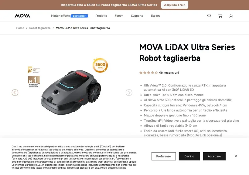Schermata della pagina offerta di Mova