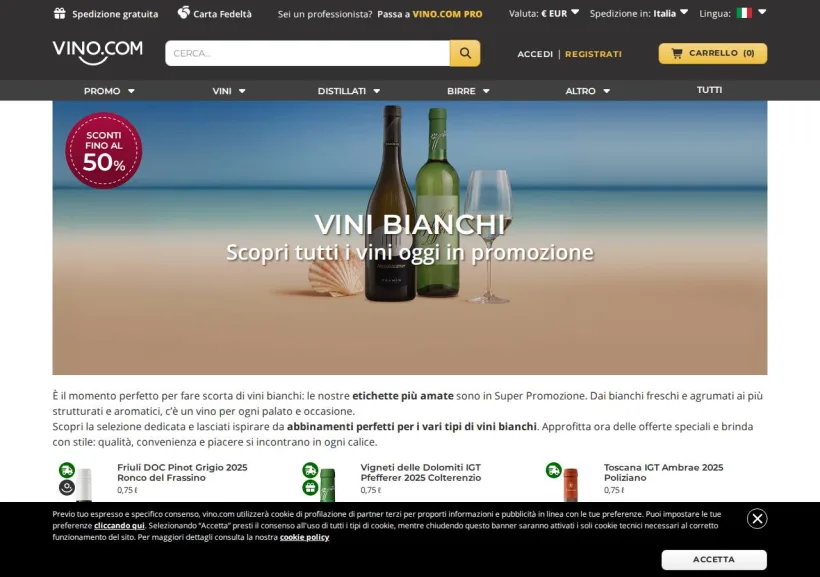 Schermata della pagina offerta di Vino.com