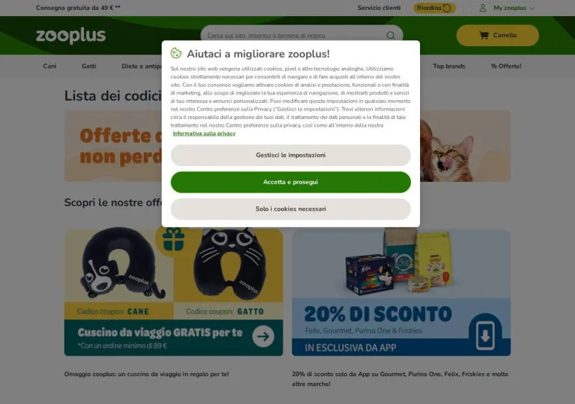 Schermata della pagina offerta di Zooplus
