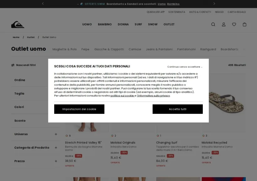 Schermata della pagina offerta di Quiksilver 