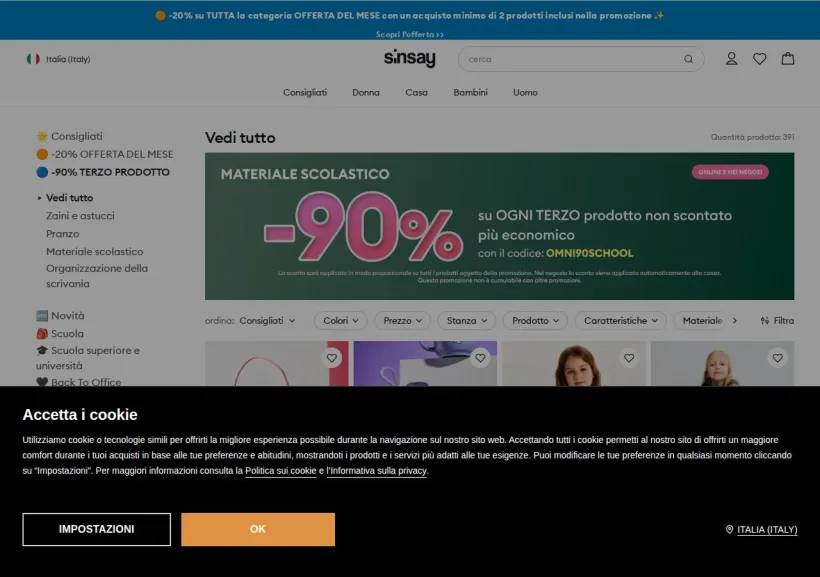 Schermata della pagina offerta di Sinsay