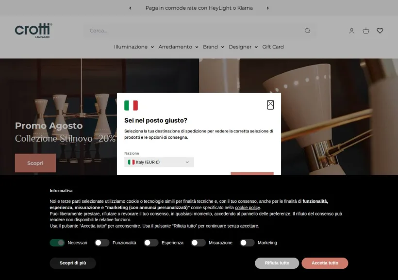 Schermata della pagina offerta di Crotti Lampadari