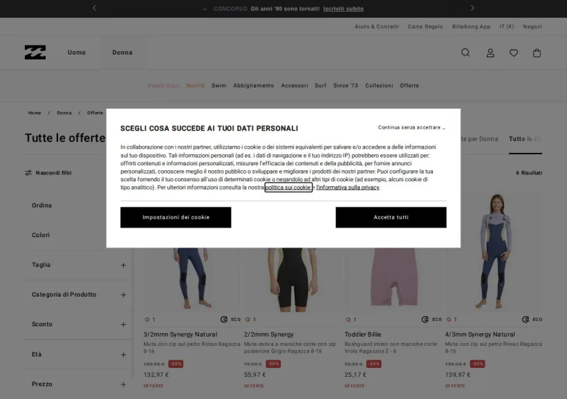 Schermata della pagina offerta di Billabong
